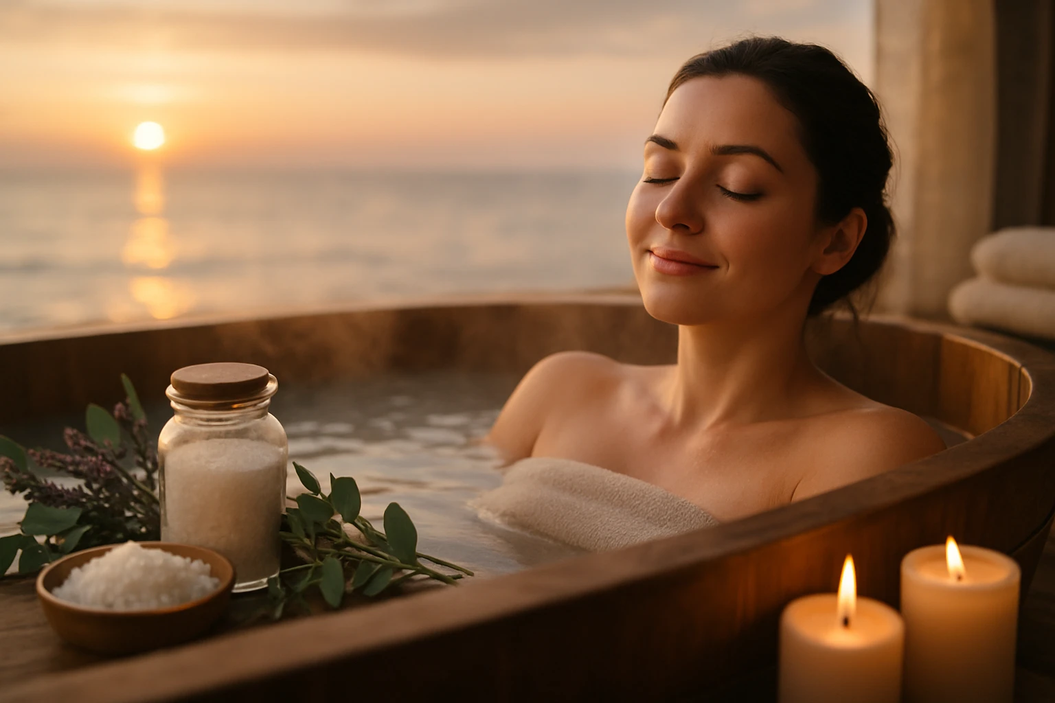 Egy nő relaxál egy fából készült fürdőkádban, naplementében, gyertyák mellett.