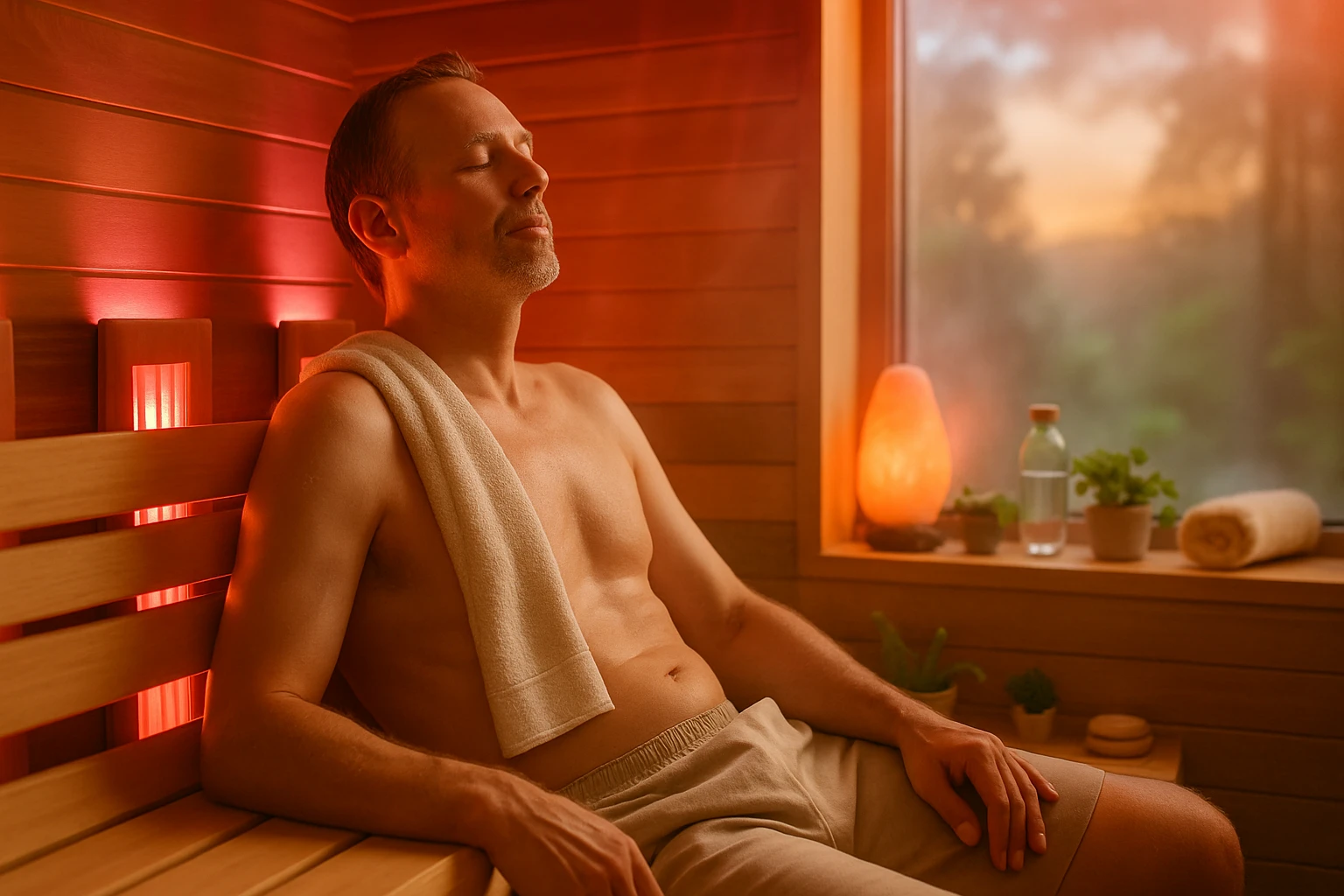 Egy férfi relaxál a szaunában, törölközővel a vállán, meleg fényben.