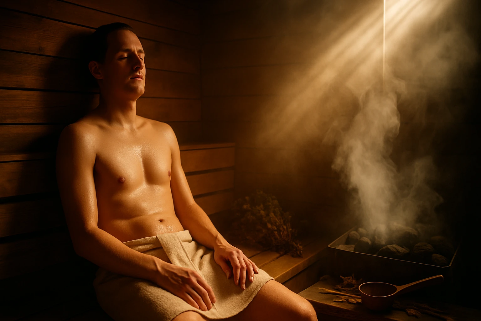 Egy férfi relaxál a szaunában, bőrén vízcseppek csillognak.