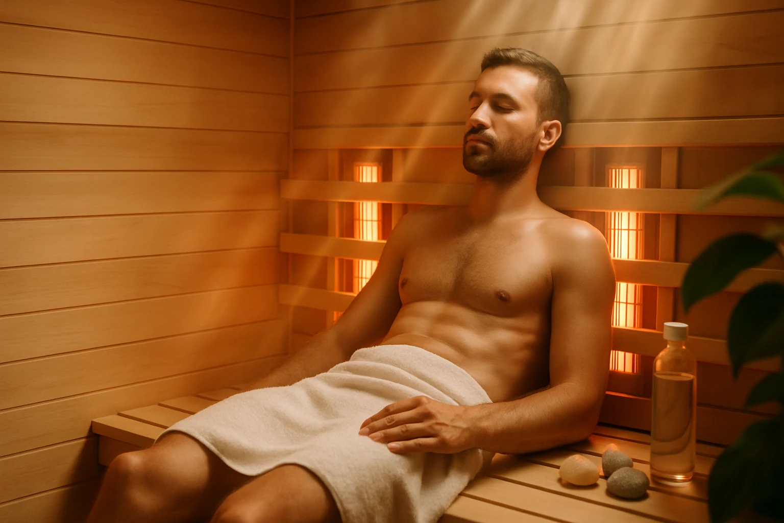 Egy férfi relaxál egy szaunában, törölközőbe burkolózva, meleg fények között.