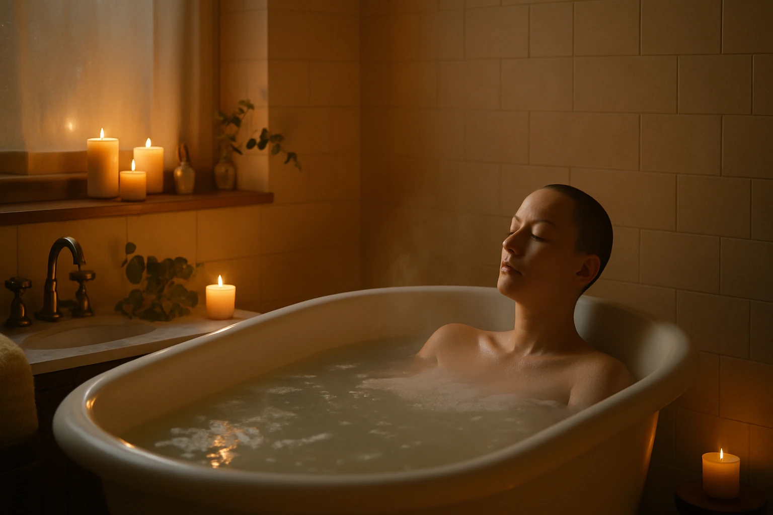 Egy nő relaxál egy fürdőkádban, gyertyák világítanak körülötte.