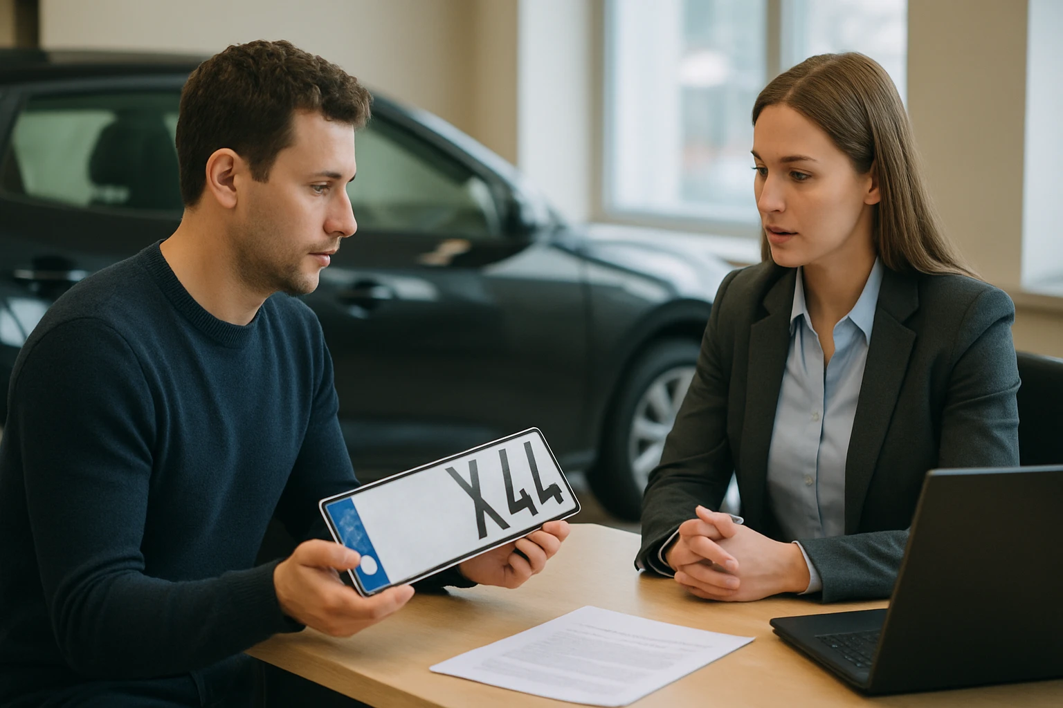 Egy férfi és egy nő ül egy asztalnál, a férfi egy rendszámtáblát mutat.