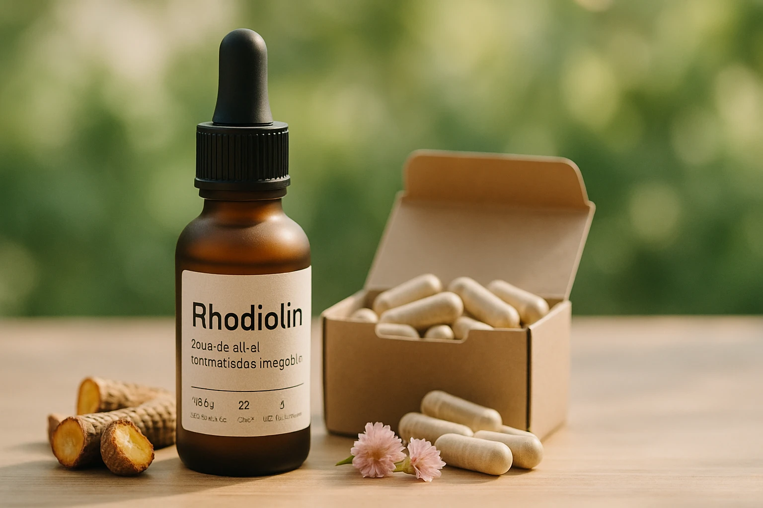 Egy üveg Rhodiolin csepp, mellette kapszulák és gyökerek.