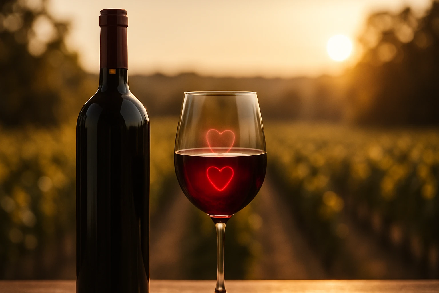 Egy üveg vörösbor és egy szív alakú mintázatú borospohár naplementében, szőlőültetvény háttérrel.