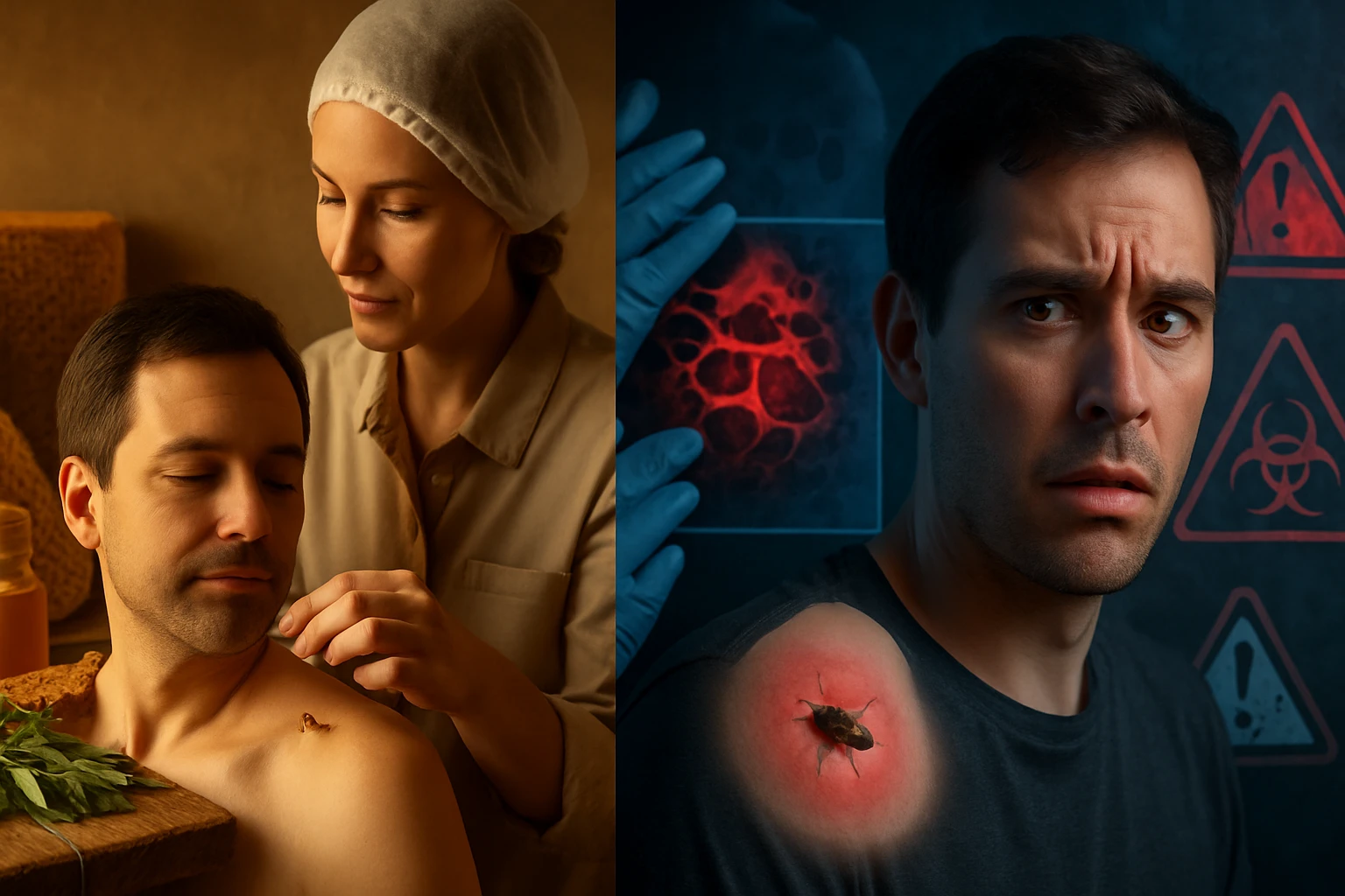 Méhcsípés-terápia – természetes gyógymód vagy kockázat? 31 Egy férfi vállán rovar látható, miközben aggasztó jelek és képek vannak a háttérben.