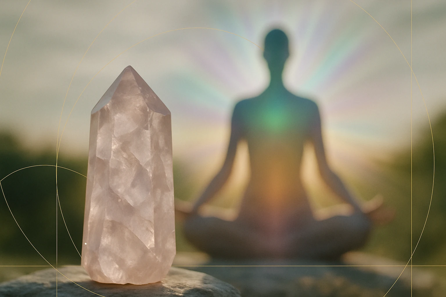 Egy rózsakvarc kristály áll egy sziklán, háttérben meditáló figura.