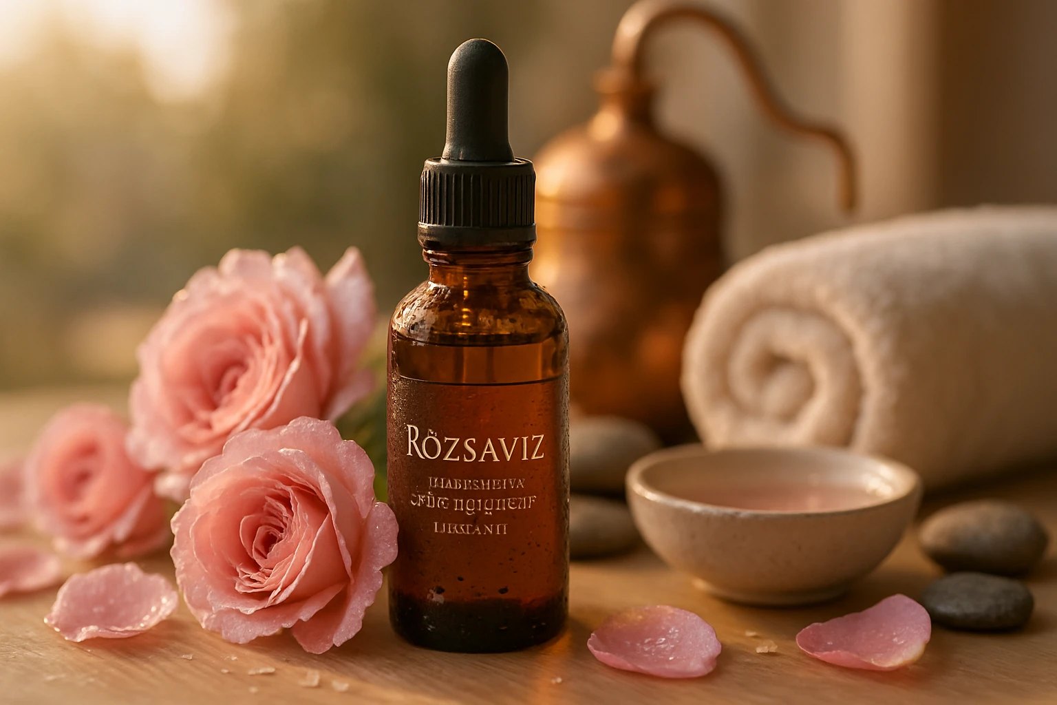 Rózsaolaj üveg, rózsaszín rózsák és kődarabok egy asztalon.