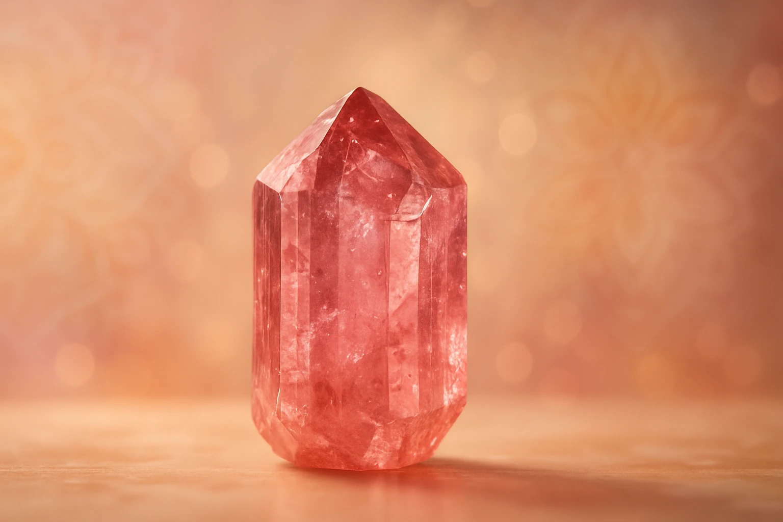 Rózsaszín kristály, csillogó felülettel, lágy háttér előtt.