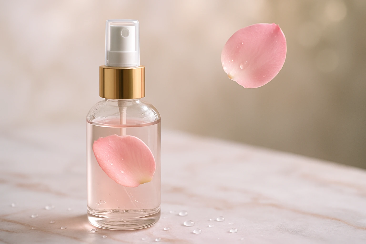 Egy üveg rózsavíz spray, rózsaszín szirmokkal és vízcseppekkel díszítve.