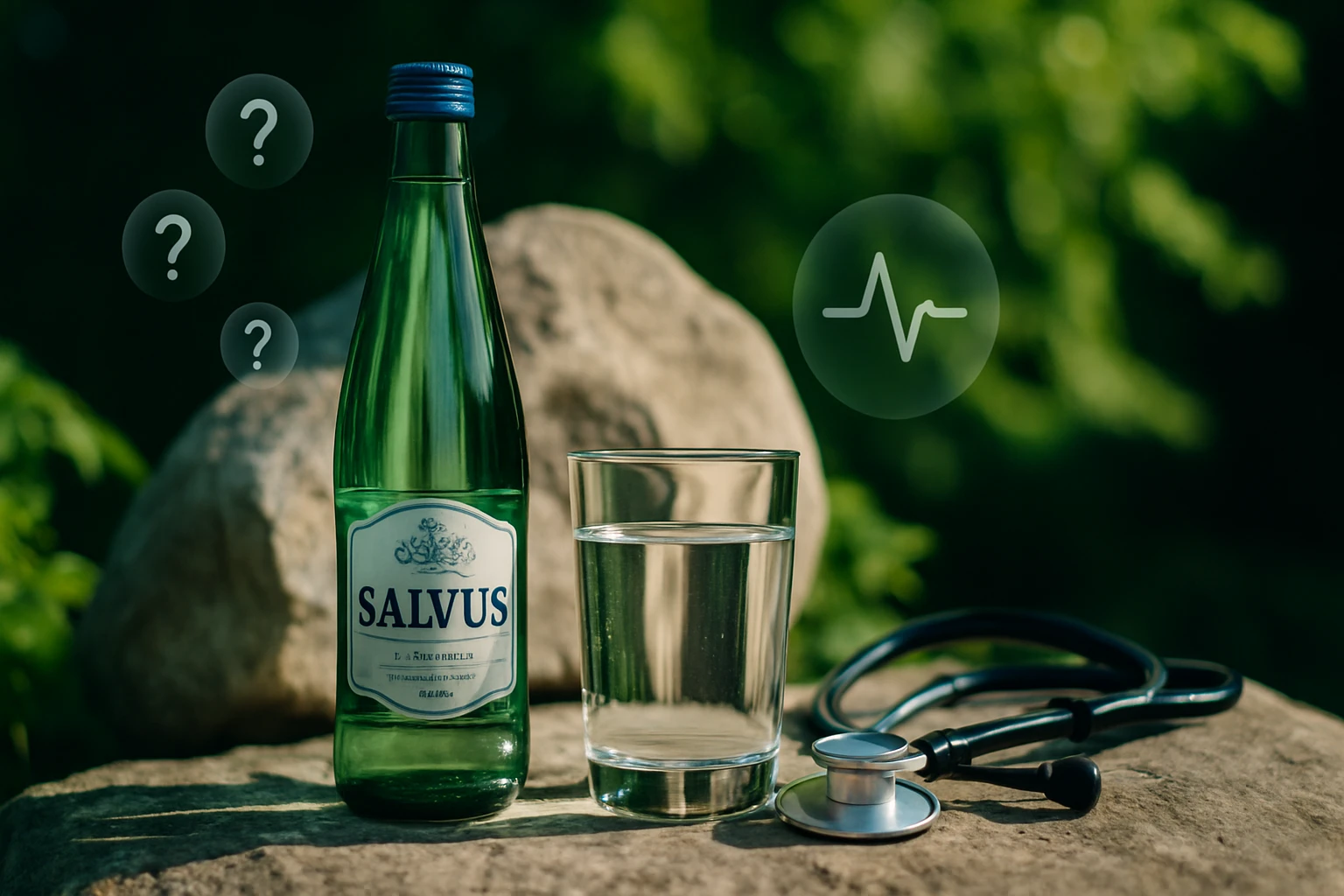 Egy üveg Salvus ásványvíz és egy pohár víz áll egy kősziklán, mellette egy sztetoszkóp.