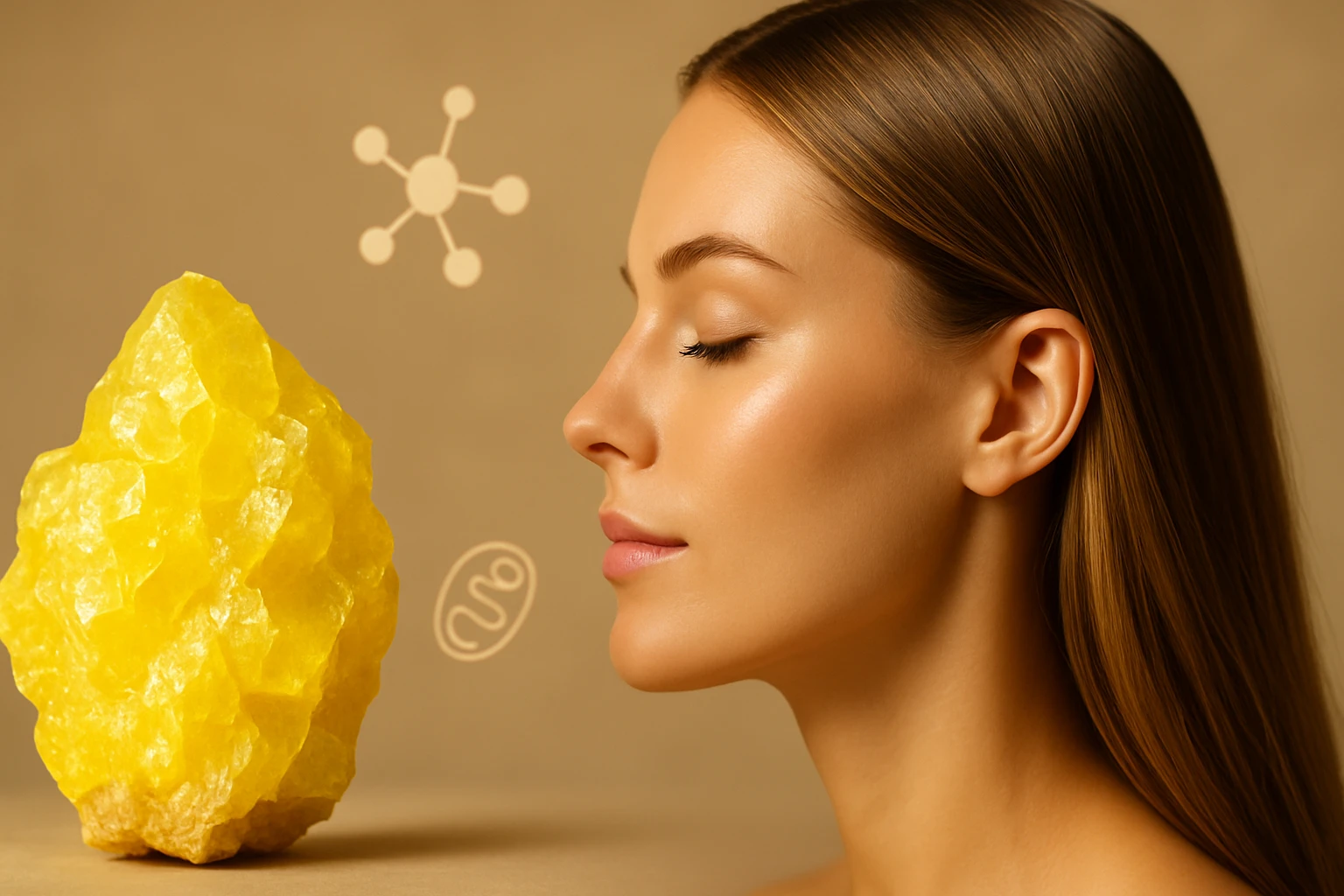 Egy nő profilja látható, mellette egy nagy sárga kristály.