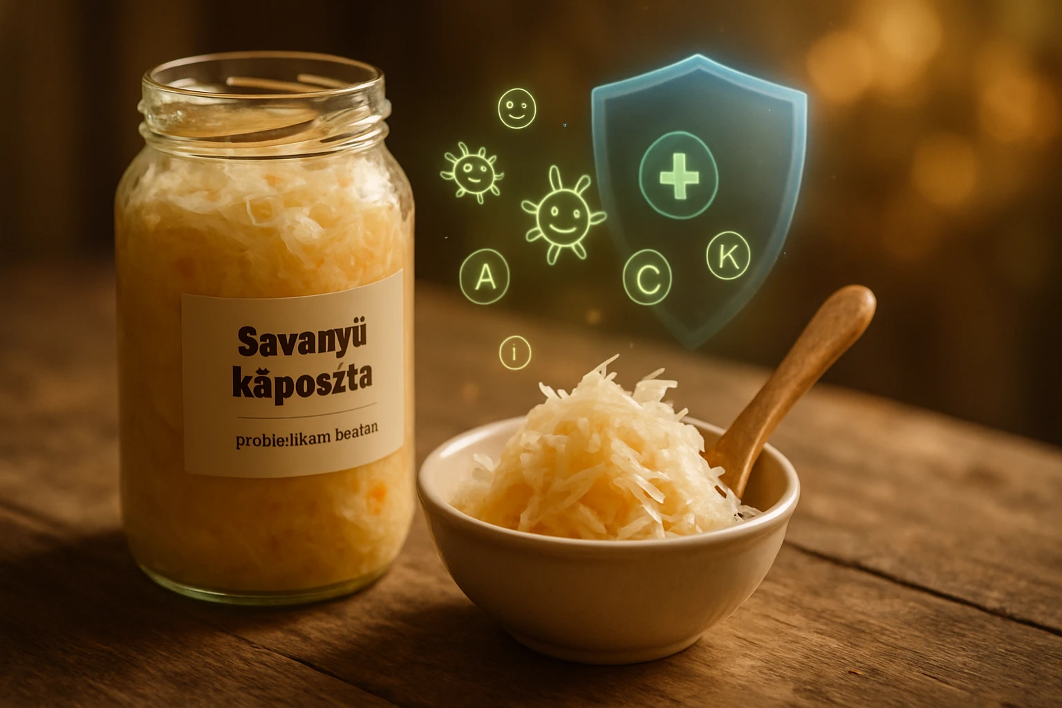 Egy üveg savanyú káposzta és egy tál káposzta, vitaminokkal és probiotikumokkal.