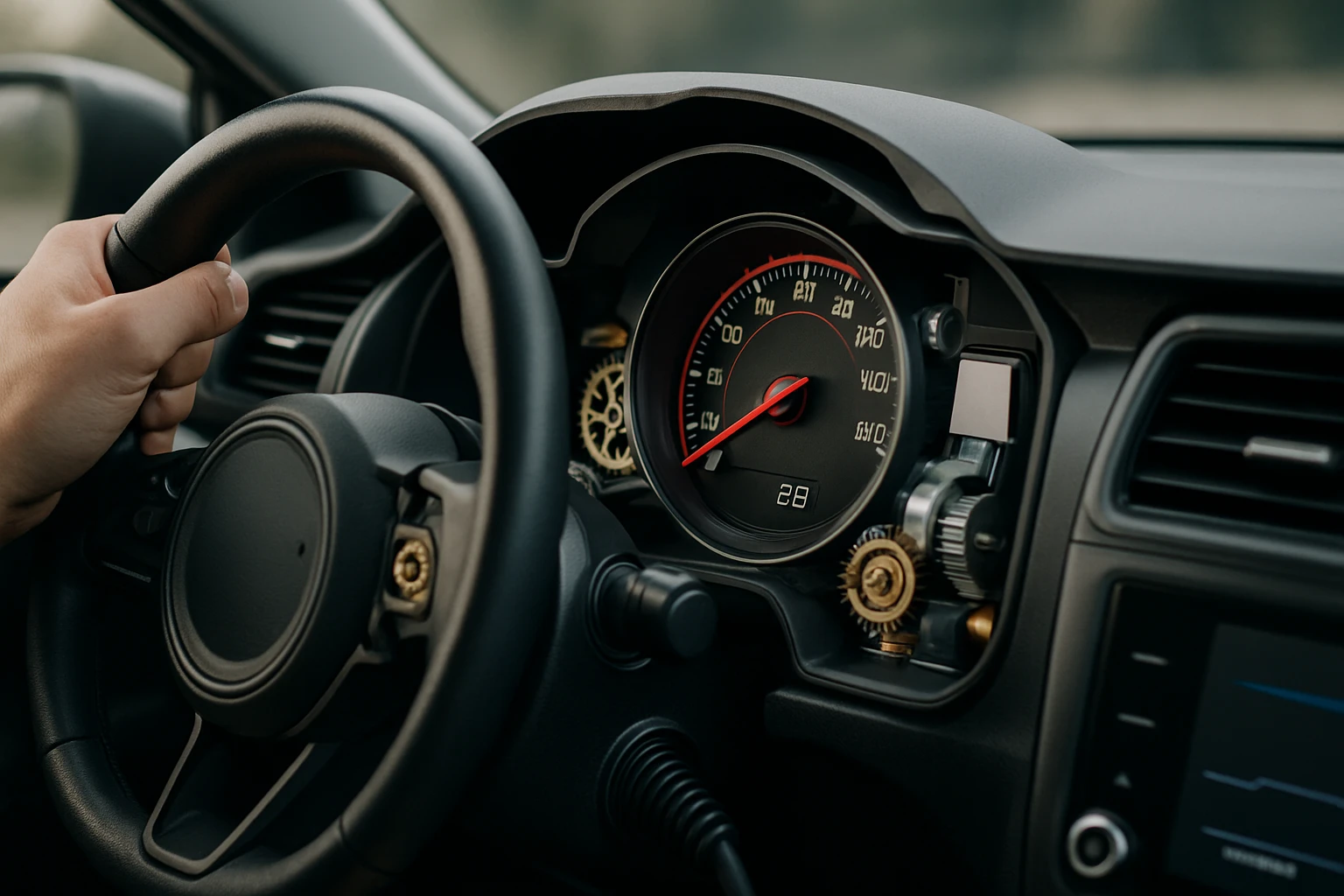 Egy kéz fogja a kormányt, a műszerfalon a sebességmérő látható.