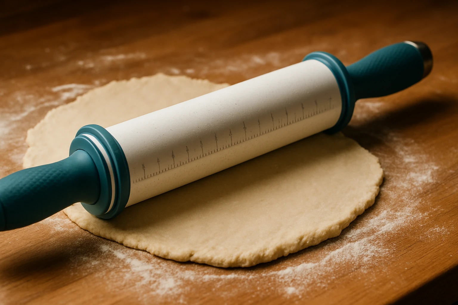 Kék nyéllel ellátott sodrófa egy lisztezett faasztalon, kinyújtott tésztával.