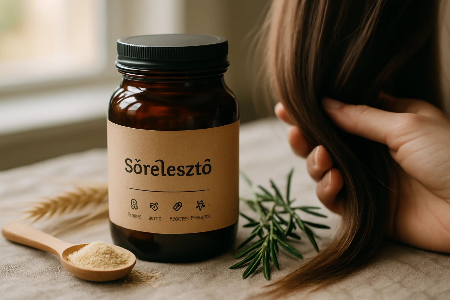 Egy üveg sörélesztő, mellette egy kanál sörélesztő por és friss fűszernövények.