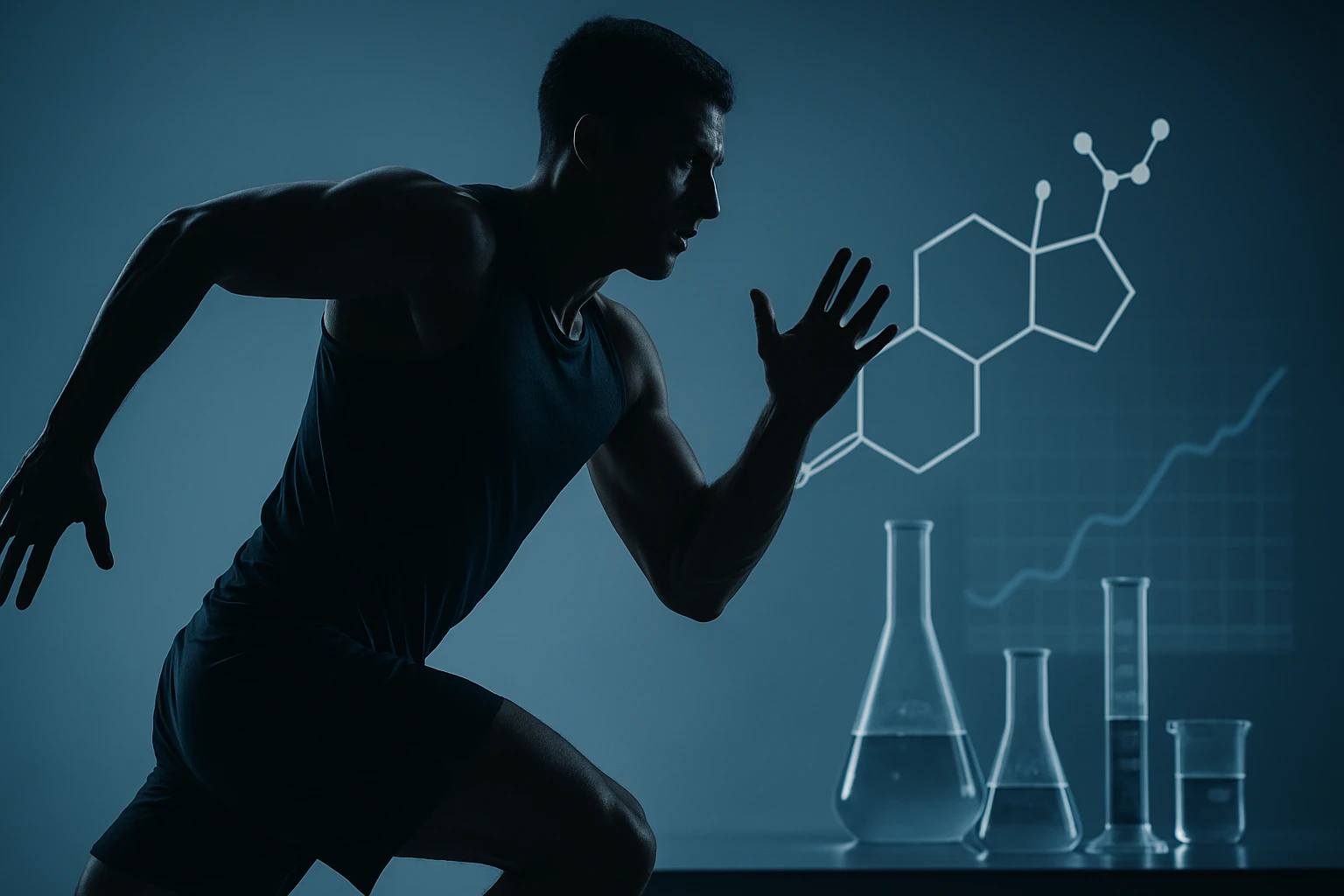 Egy sportoló futás közben, háttérben kémcsövek és molekulák grafikája.