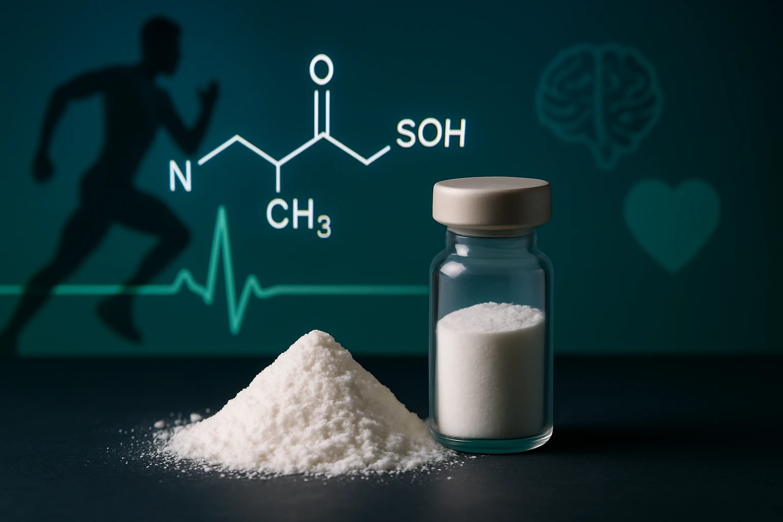 Egy üvegben fehér por, mellette egy halom por és háttérben futó figura.
