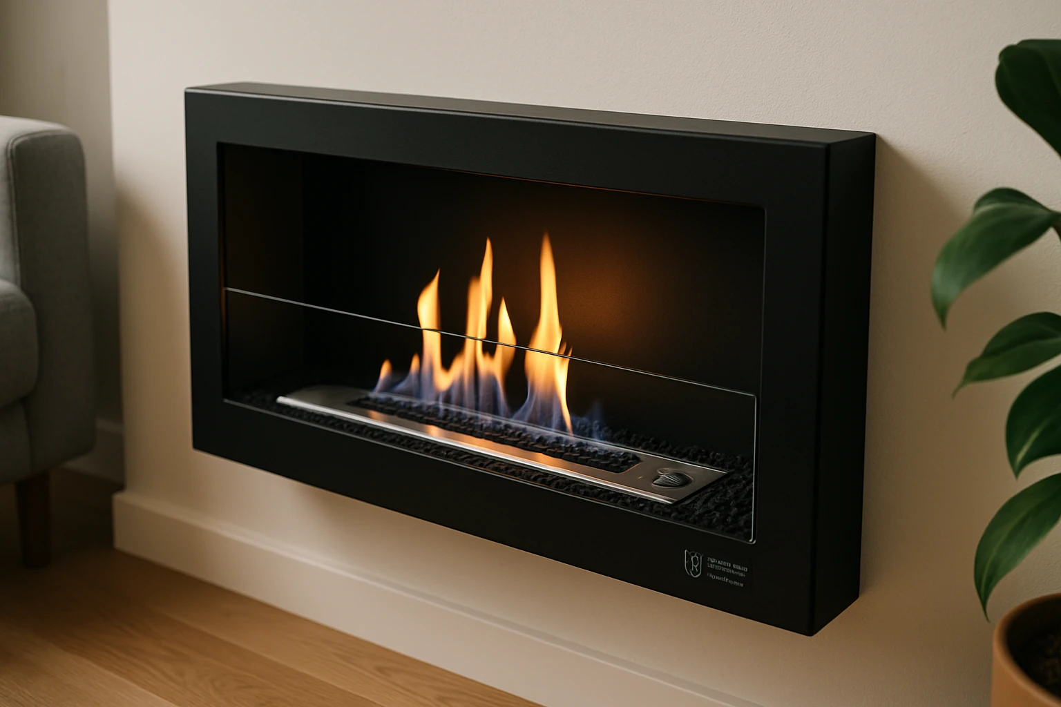 Modern, falra szerelt bioetanol kandalló lángokkal, elegáns dizájnnal.