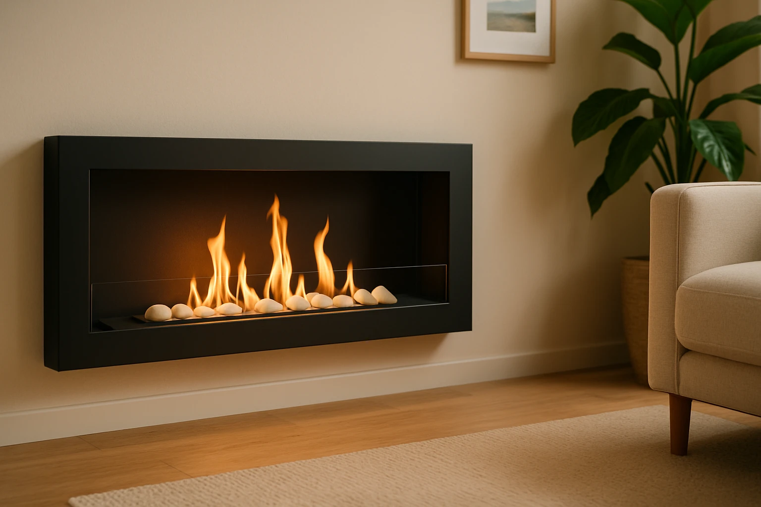 Modern, falra szerelt kandalló lángokkal és fehér kövekkel.