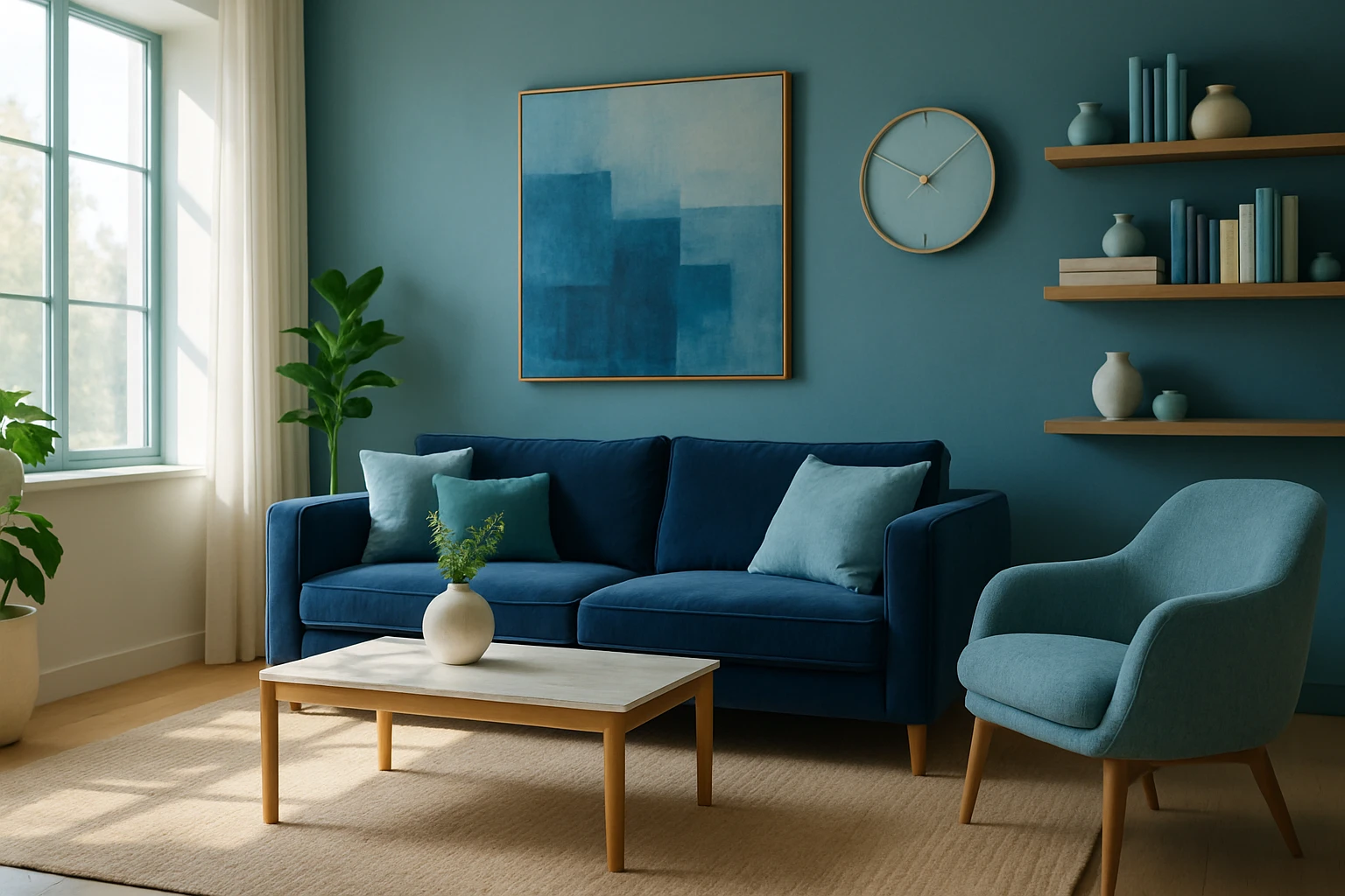 Modern nappali kék kanapéval, világos falakkal és növényekkel.