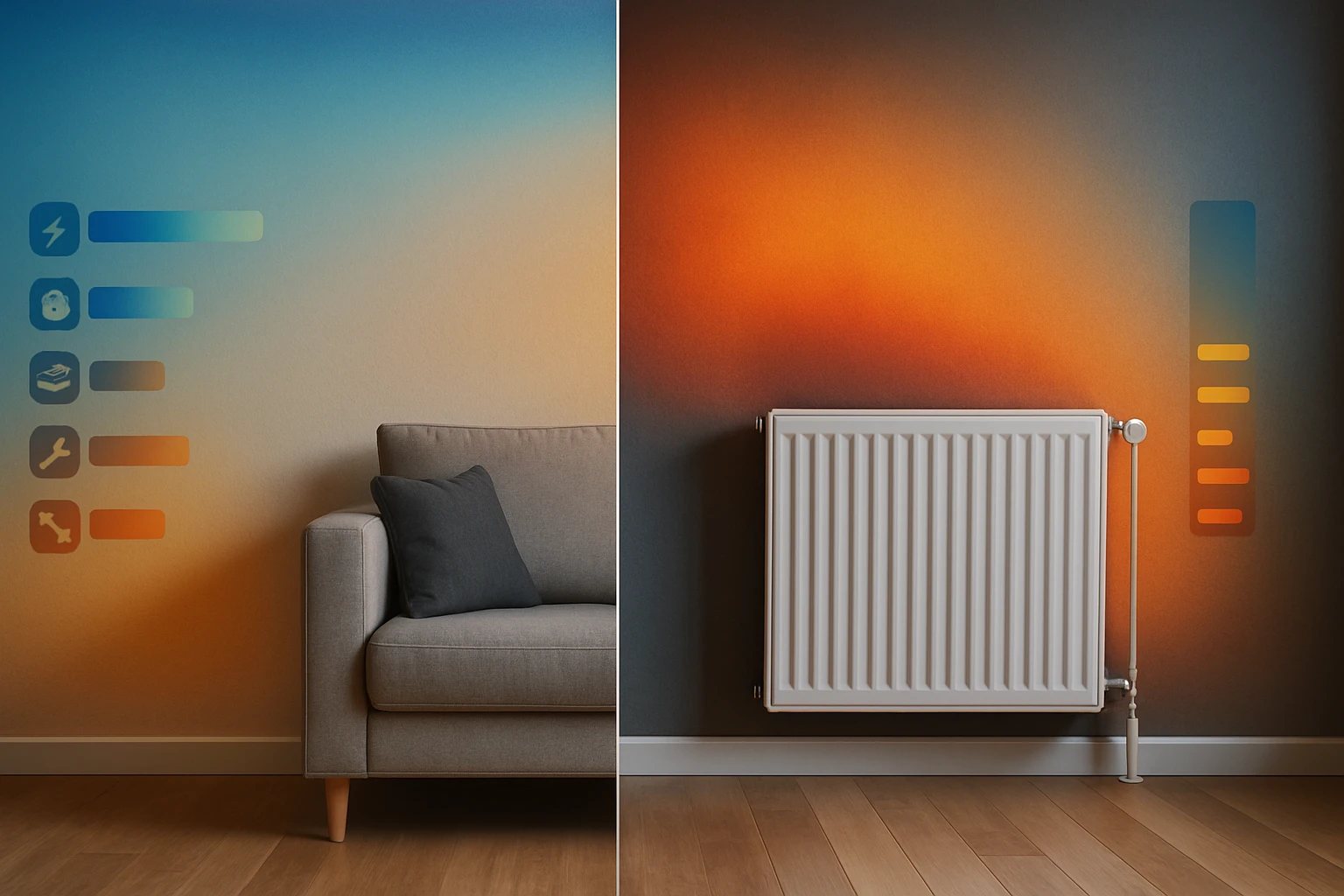 Modern nappali, szürke kanapéval és radiátorral, színes háttérrel.
