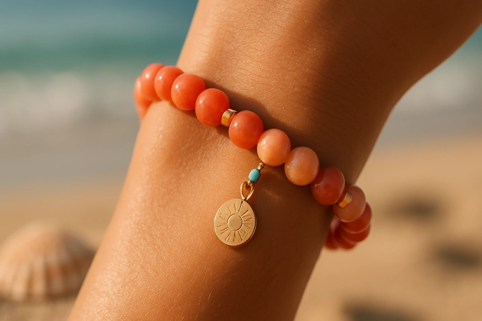 Egy narancsszínű gyöngyökkel díszített karkötő látható egy kézen.