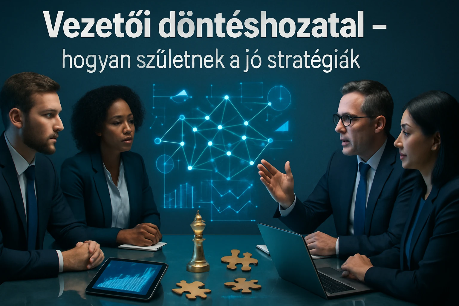 Négy üzletember ül egy tárgyalóasztalnál, stratégiai döntésekről beszélgetnek.