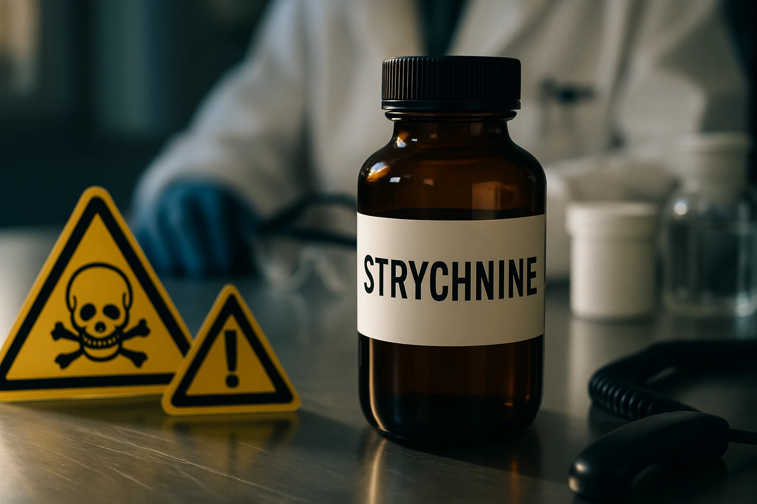 Egy barna üvegben strychnin található, figyelmeztető táblák mellett.