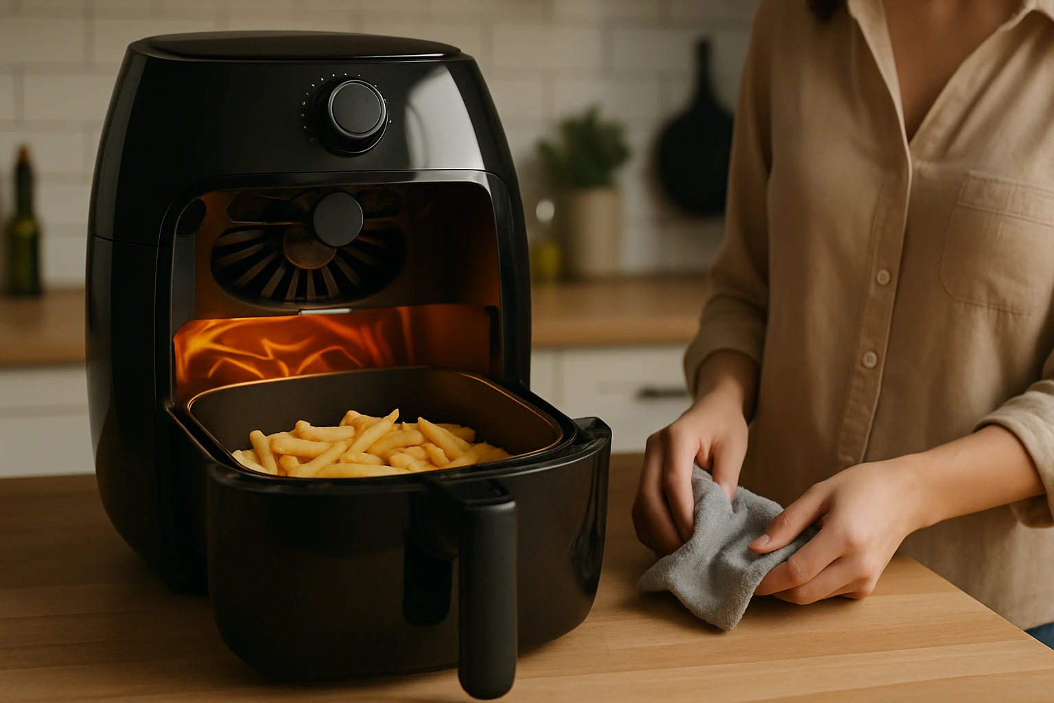 Egy nő sült krumplit készít egy modern, fekete fritőzben.