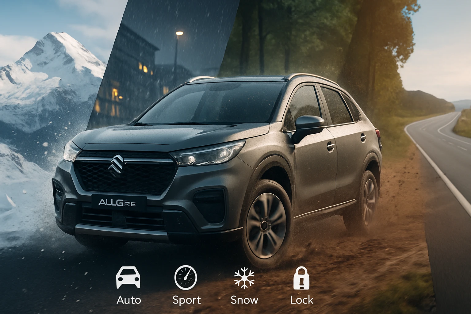 Egy szürke SUV autó különböző terepviszonyok között, havas hegyek és erdős út mellett.