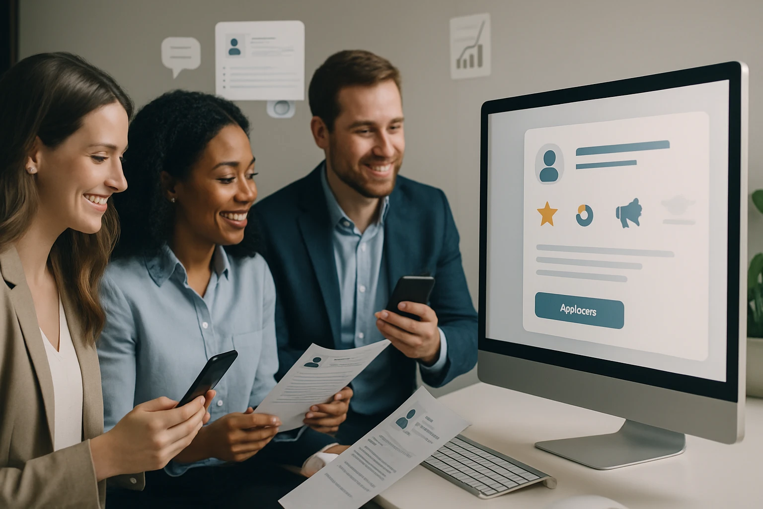 Három fiatal szakember ül egy asztalnál, mobiltelefonokat és papírokat tartanak a kezükben, miközben a számítógép képernyőjét nézik.