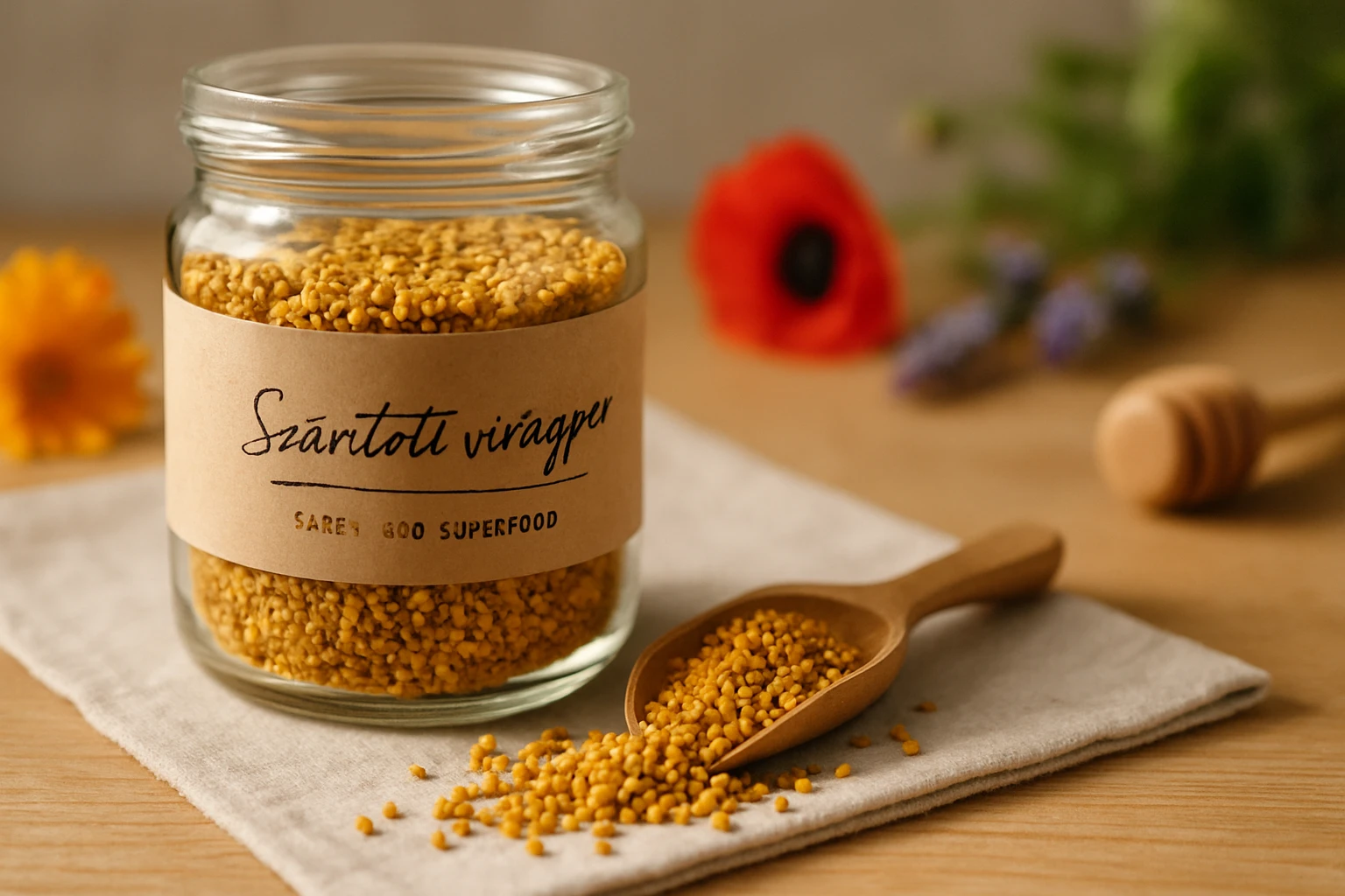 Egy üveg szárított virágpor, mellette fakanál és virágok.