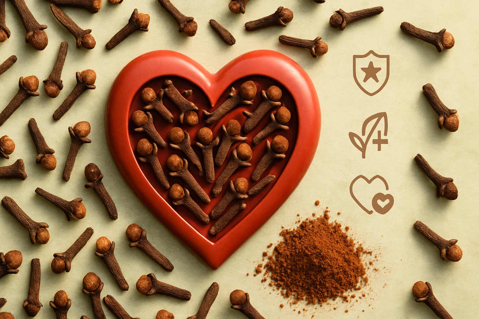 Szív alakú tálban szegfűszeg található, körülötte szegfűszeg és fűszerpor.