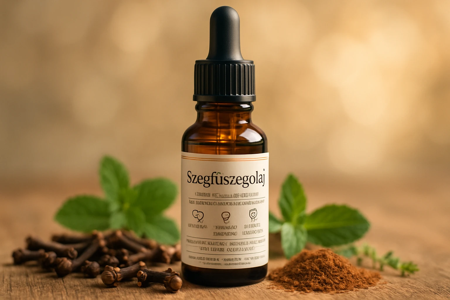 Szegfűszegolaj üvegpalack, mellette szegfűszeg és fűszernövények.