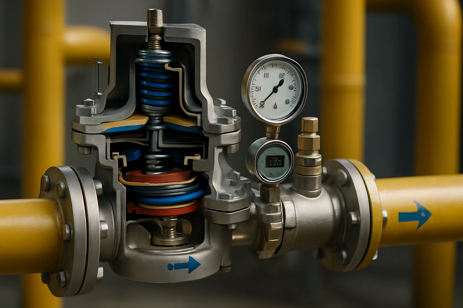 Egy szelep belső szerkezete, látható rugókkal és nyomásmérőkkel.