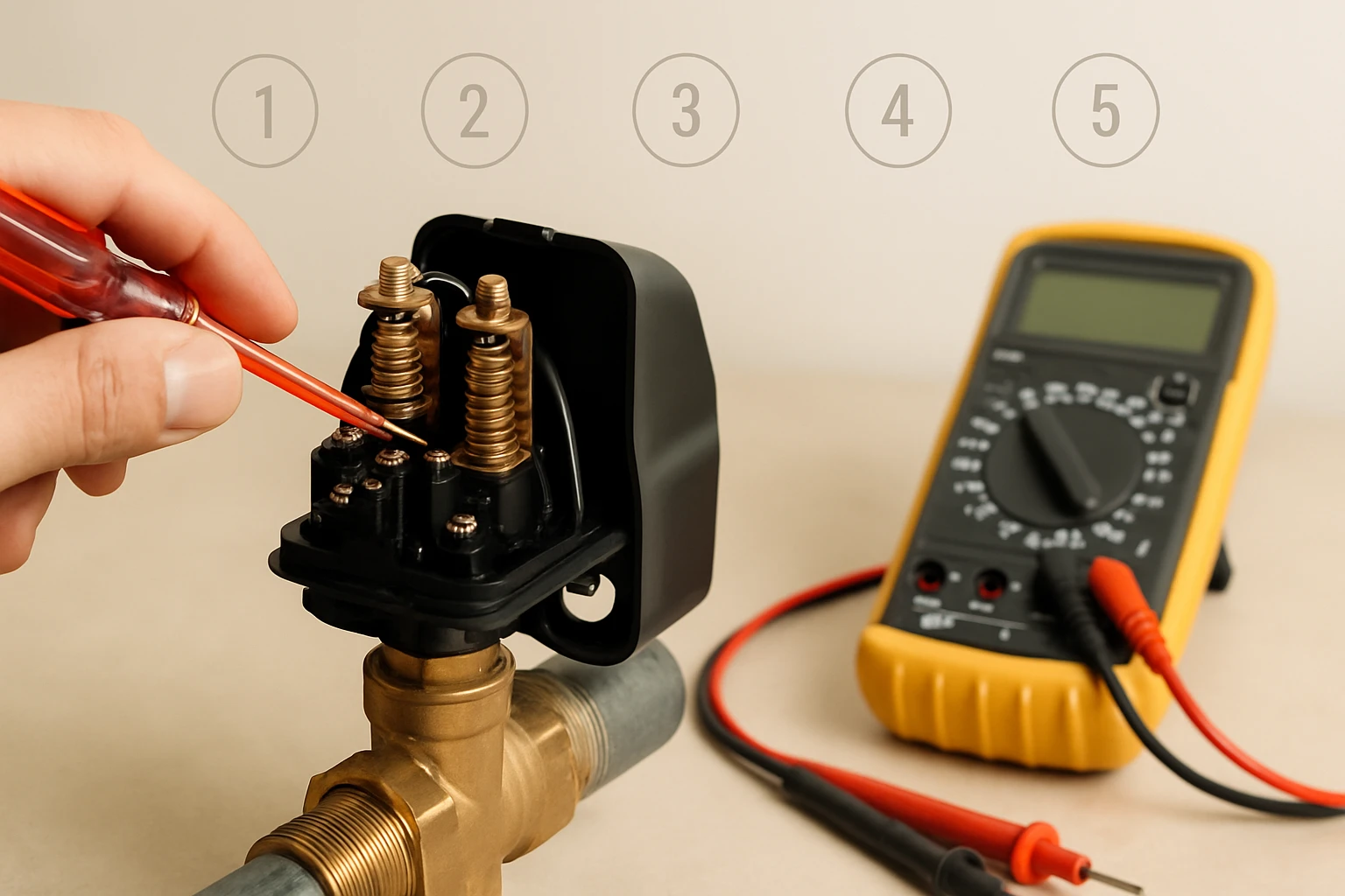 Egy kéz egy csavarhúzóval dolgozik egy szelepen, mellette egy multiméter.