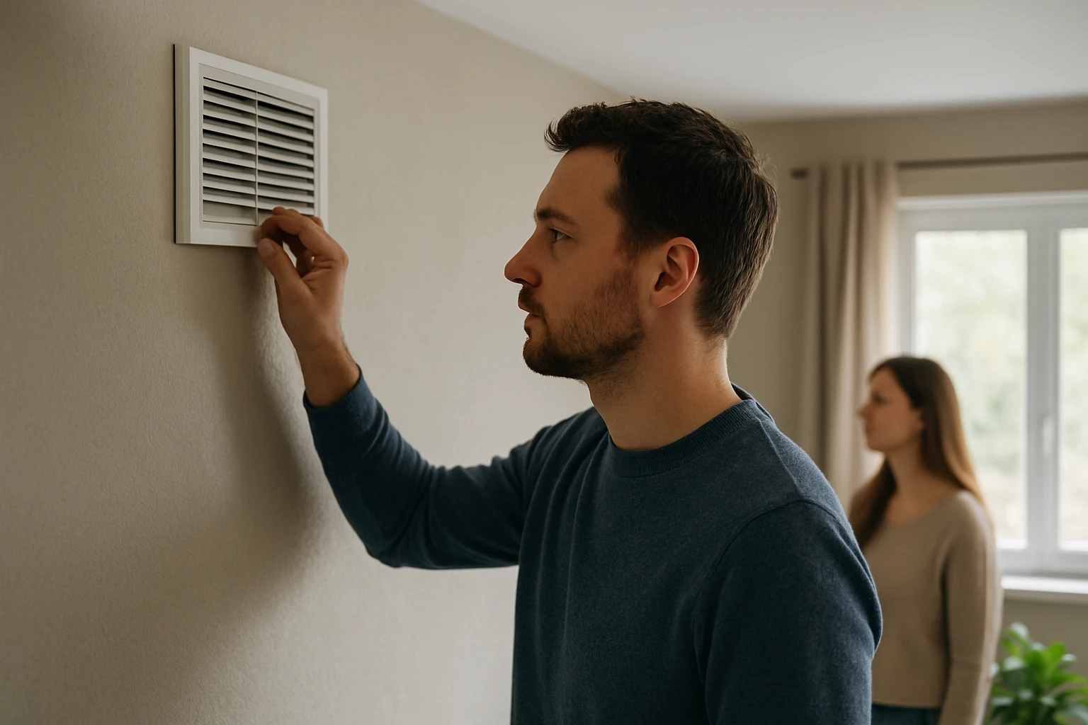 Egy férfi a falon lévő szellőzőrácsot állítja, míg egy nő a háttérben áll.