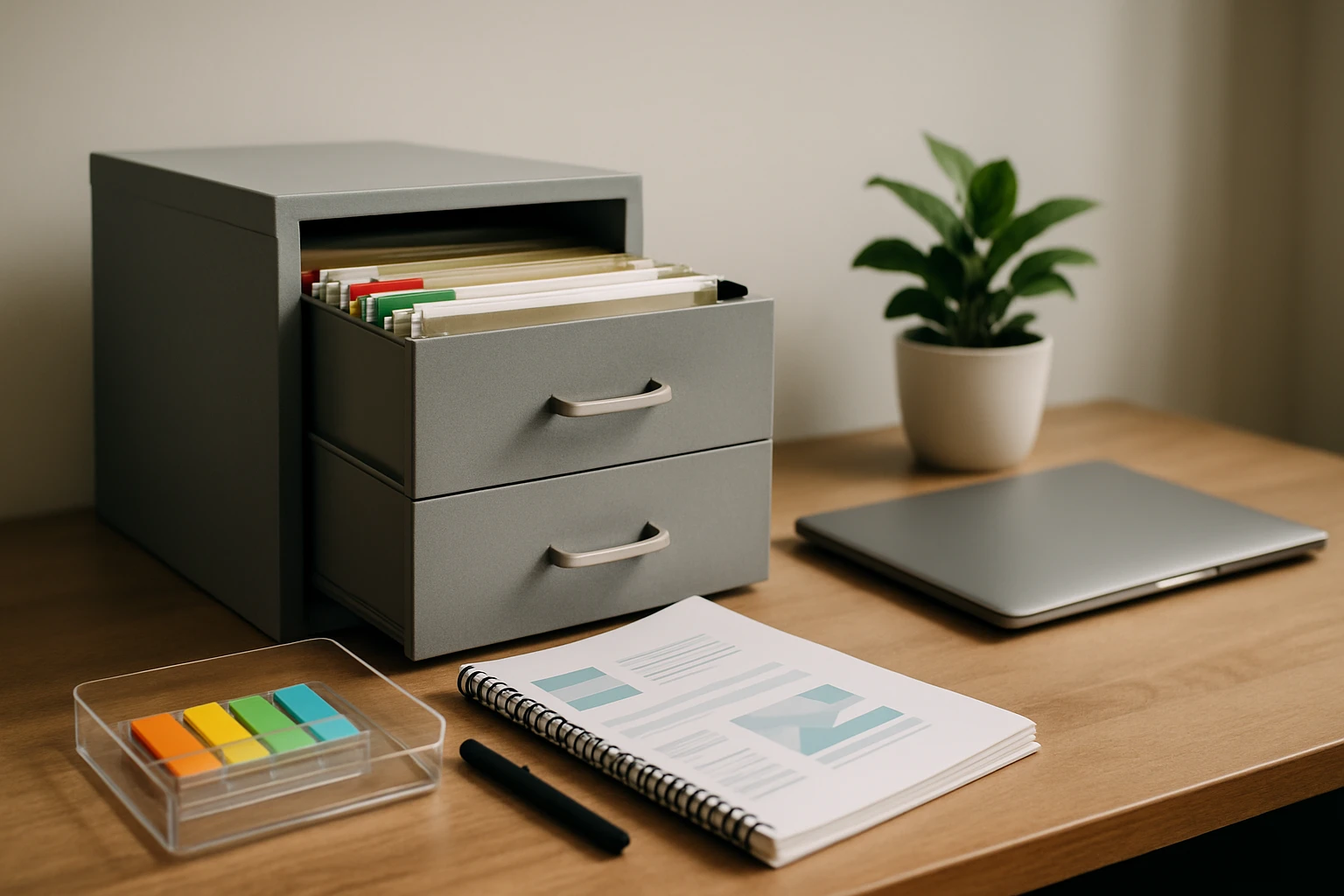 Egy modern íróasztal, rajta irattartó, jegyzetfüzet és növény.