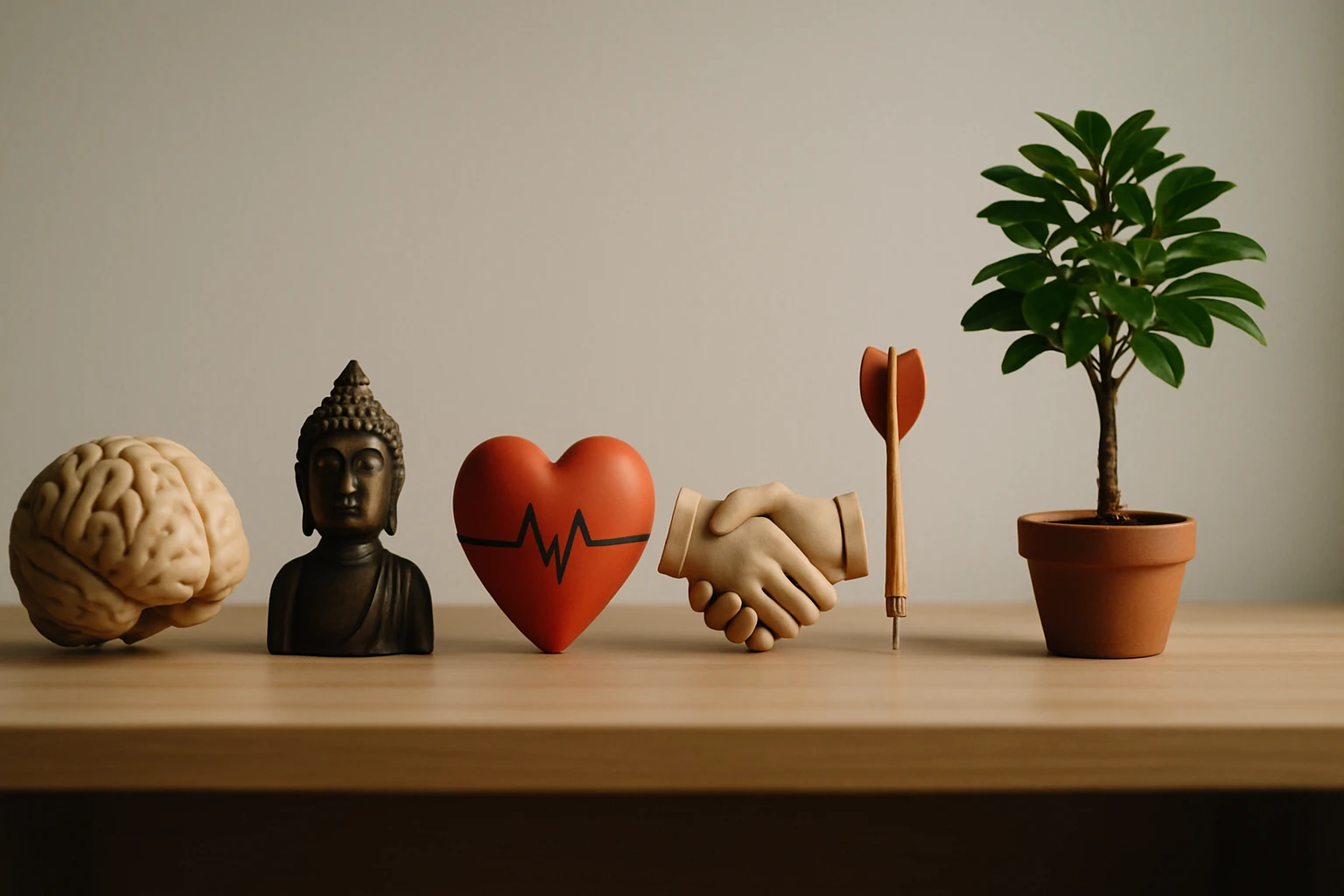 Egy asztalon elhelyezett agy, Buddha szobor, szív, kézfogás, nyíl és növény.