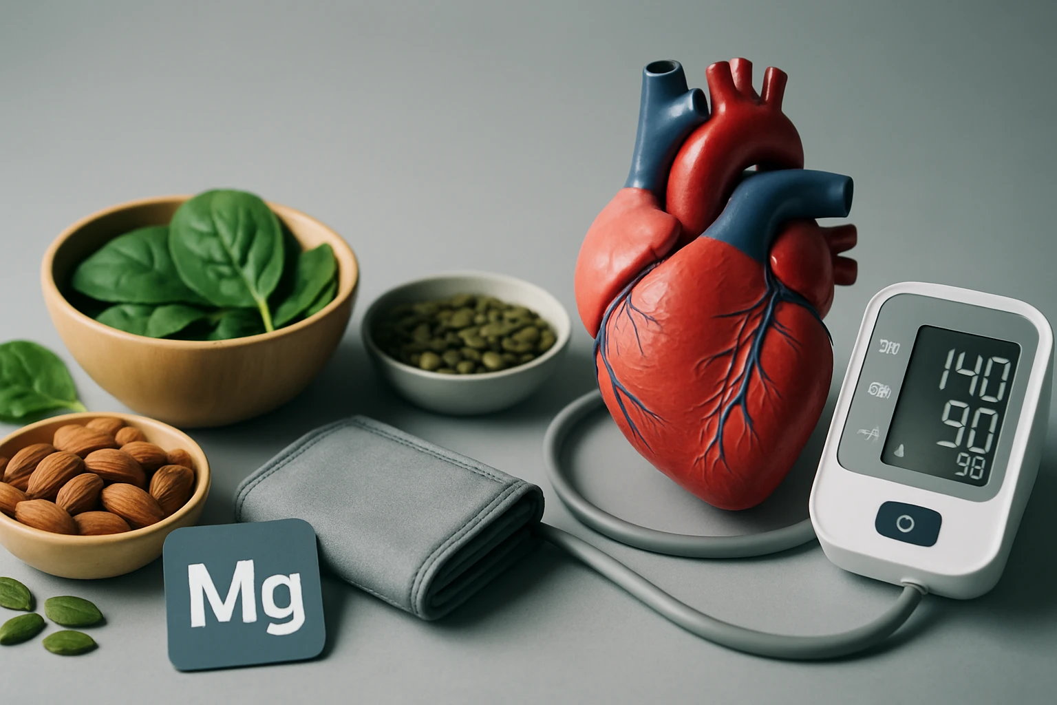 Egy szívmodell, vérnyomásmérő és egészséges ételek, mint spenót és mandula.