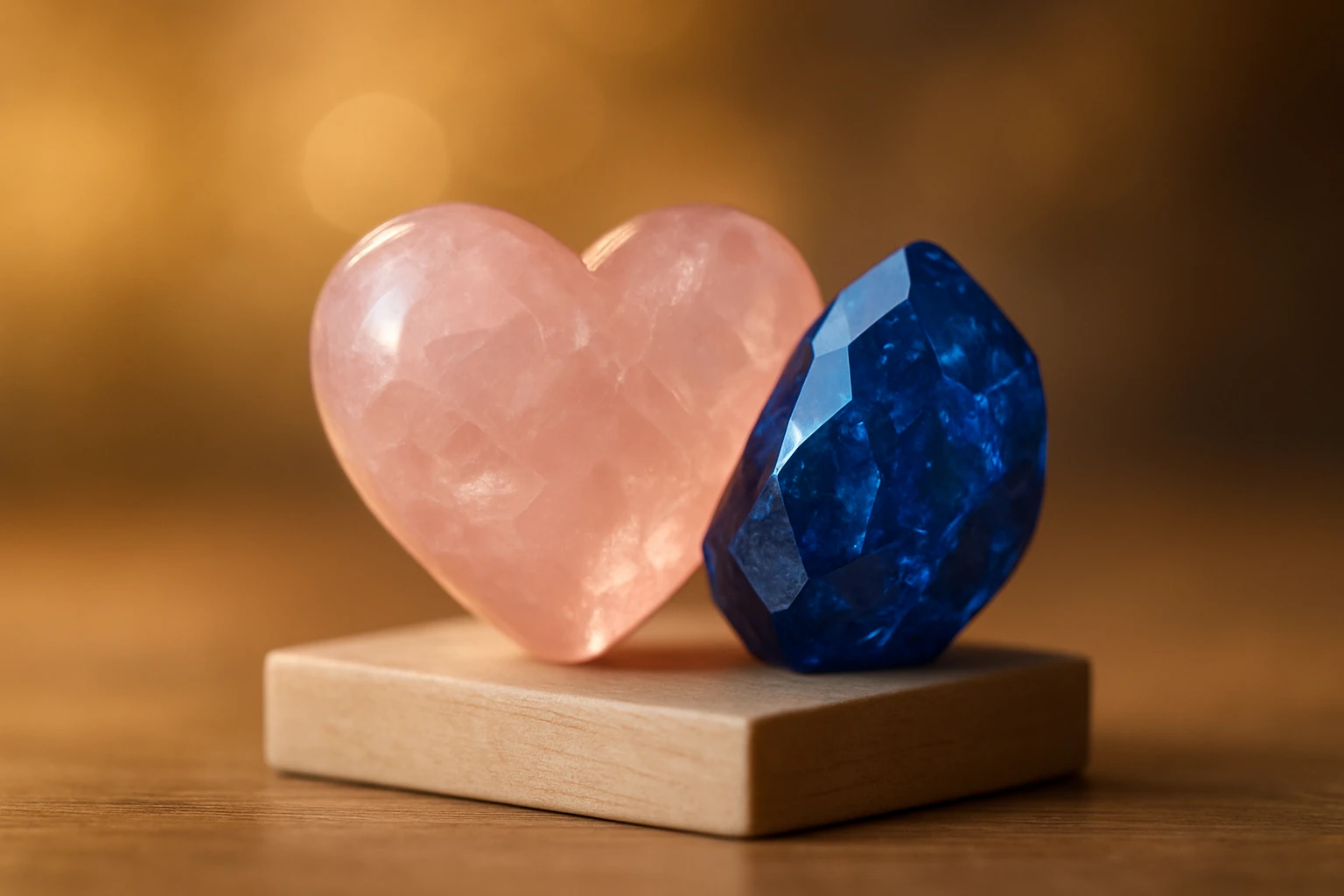Két különböző ásvány, egy rózsaszín szív és egy kék drágakő, fából készült talapzaton.