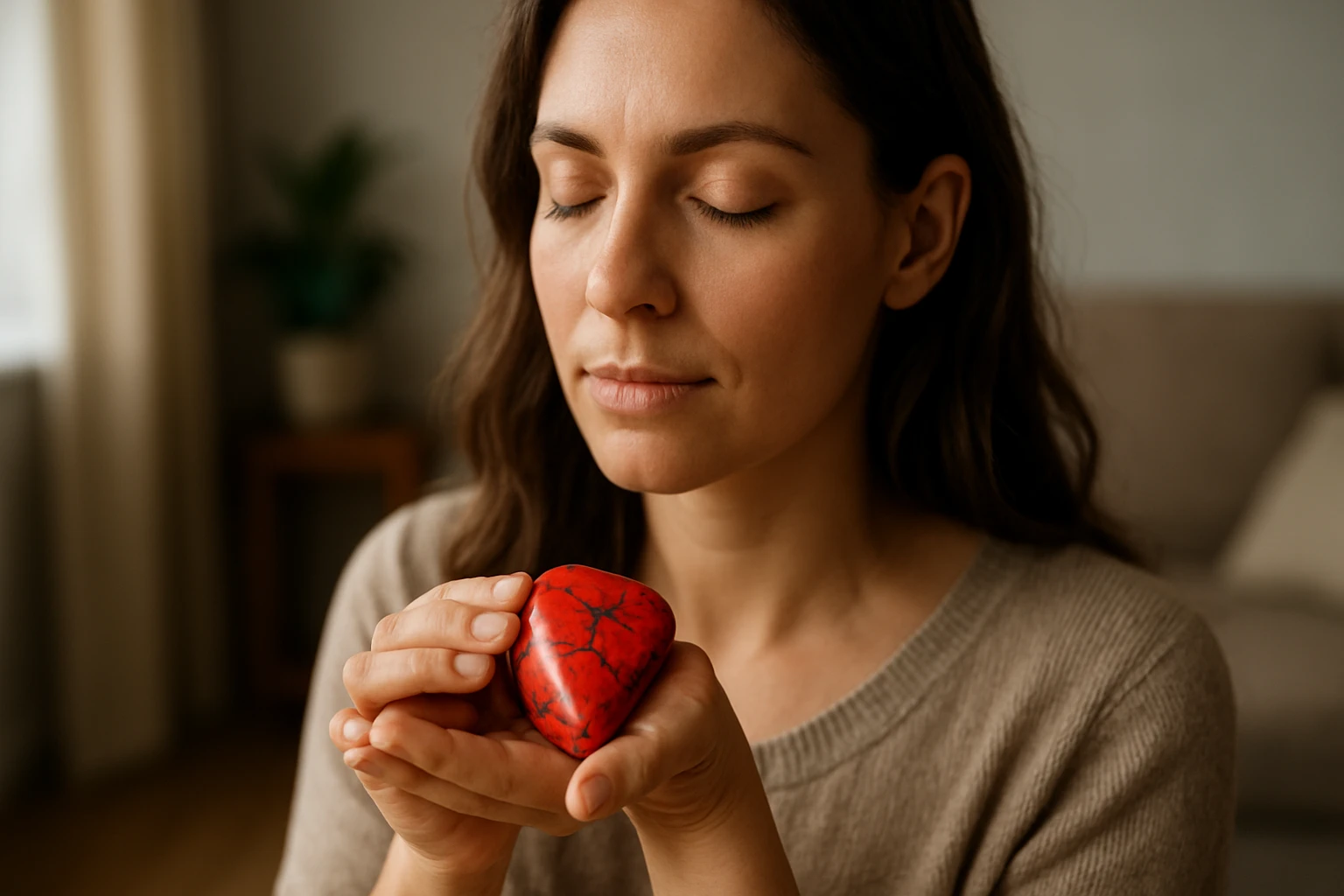 Egy nő egy piros szív formájú követ tart a kezében, szemét lehunyva.