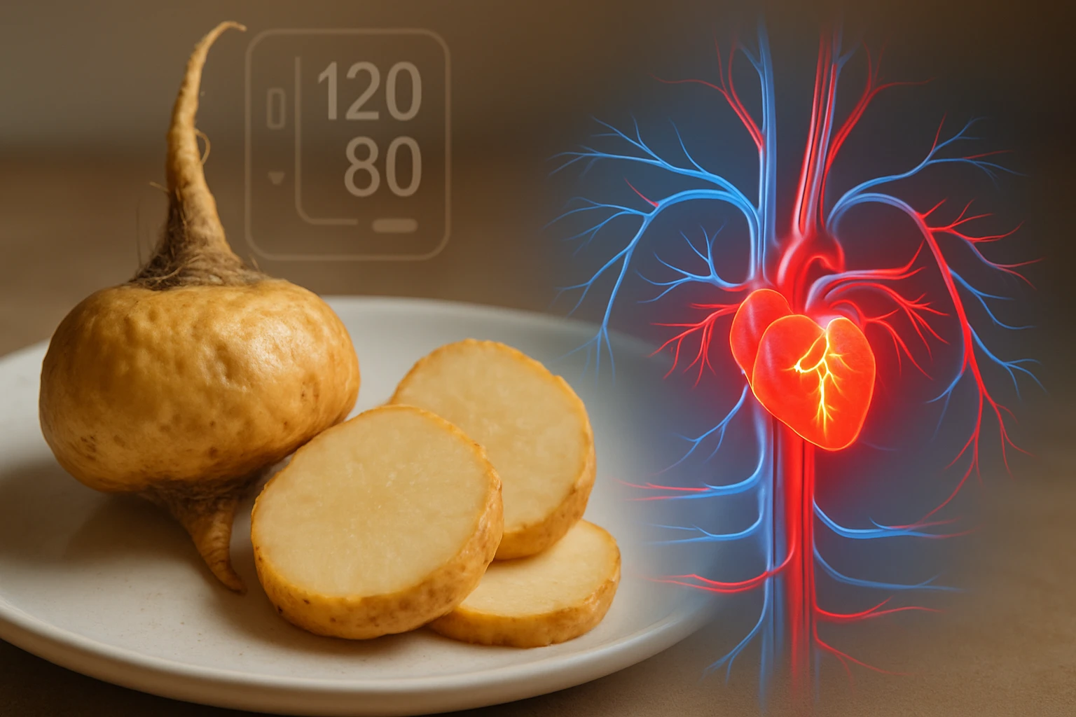 Egy tálon szeletelt gyökérzöldség, mellette szív és érrendszer ábrázolás.
