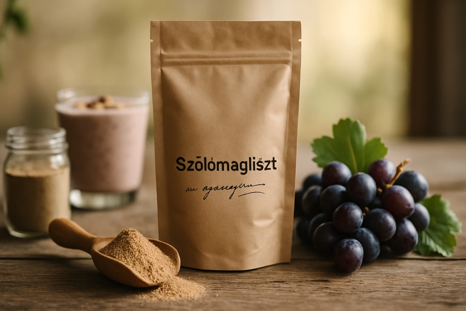 Egy csomag szőlőmagliszt, mellette egy kanál liszt és szőlőfürt.