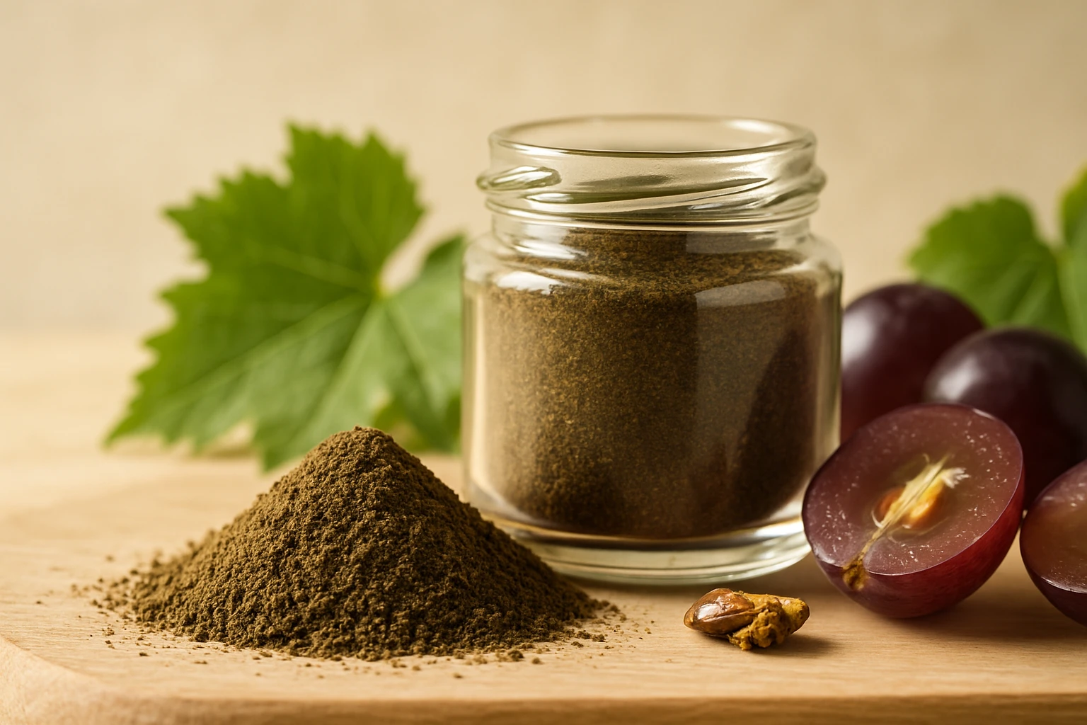 Egy üvegben és mellette szőlőmagpor, szőlő és szőlőlevél látható.