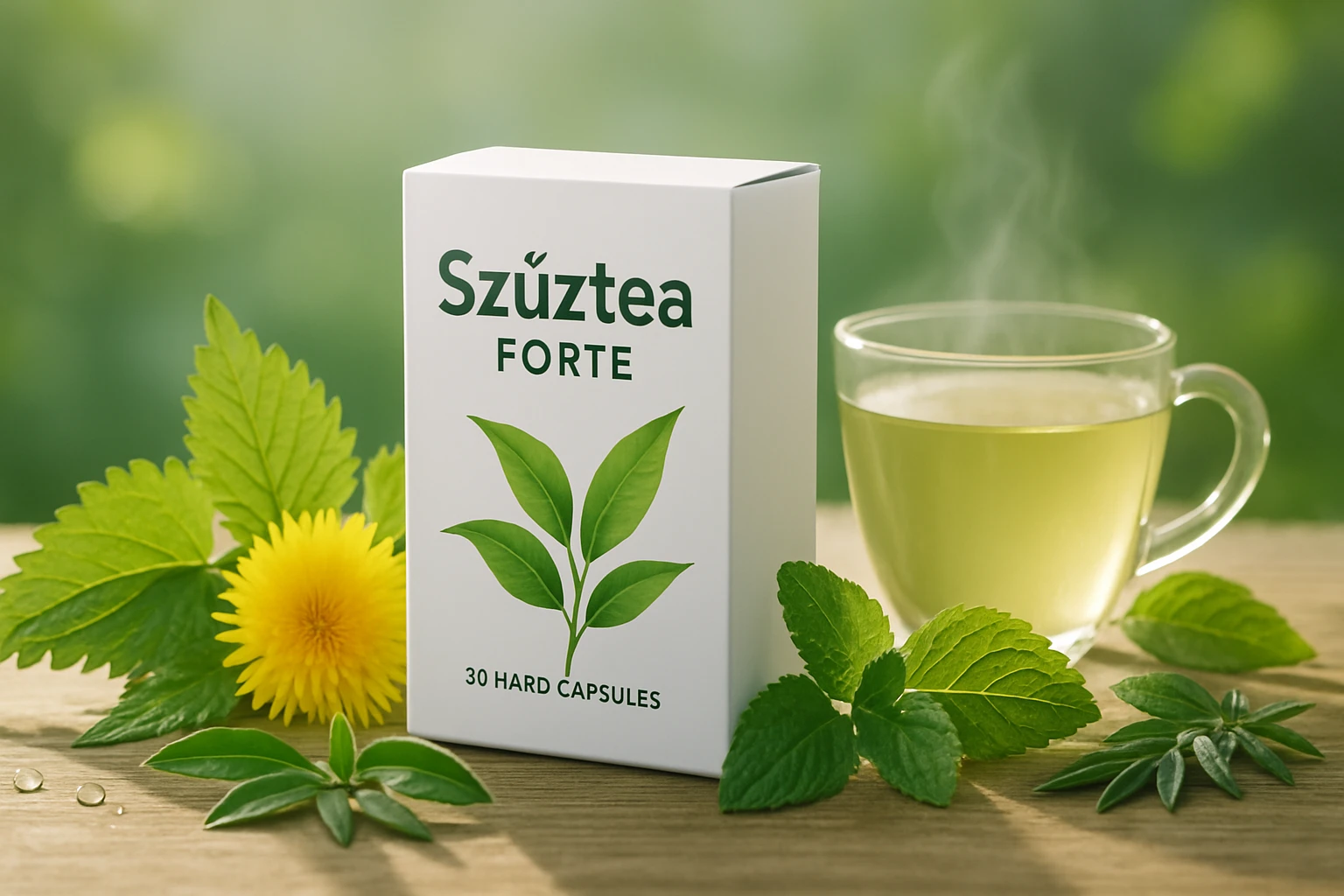 Egy doboz Szűztea Forte kapszula, mellette egy csésze zöld tea és friss gyógynövények.