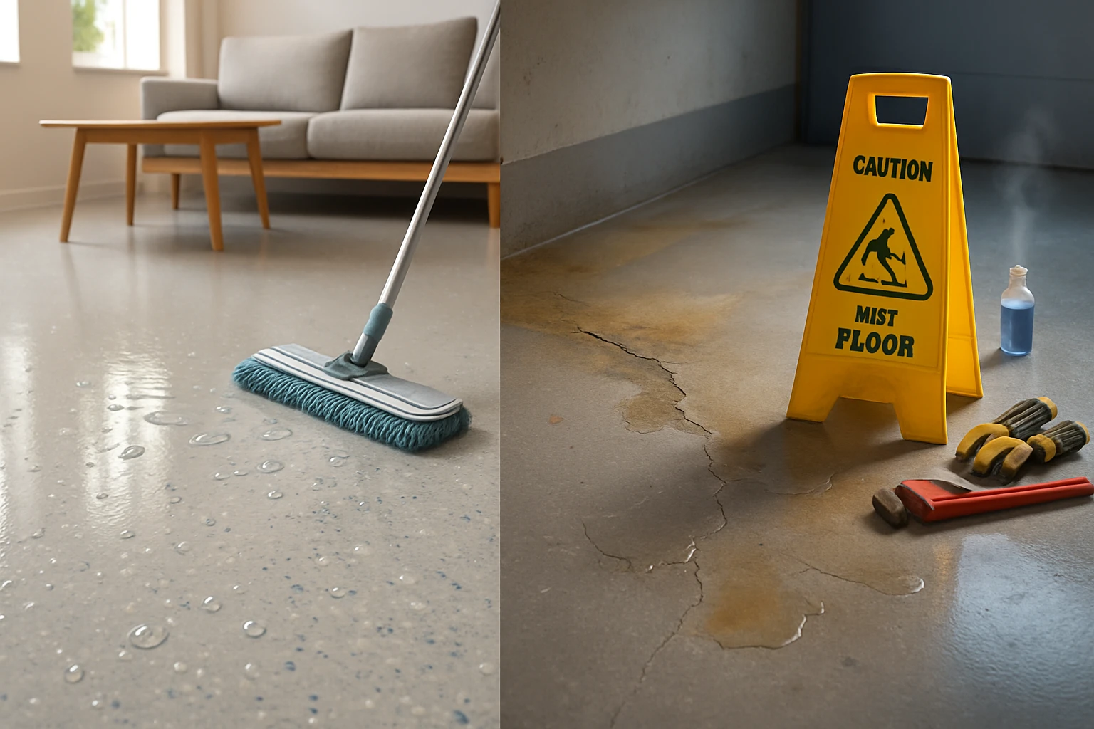 Mugyanta padló – mire figyelj a választáskor, és mik az árnyoldalai 6 Tisztító eszköz a padlón, vízcseppek és figyelmeztető tábla látható.