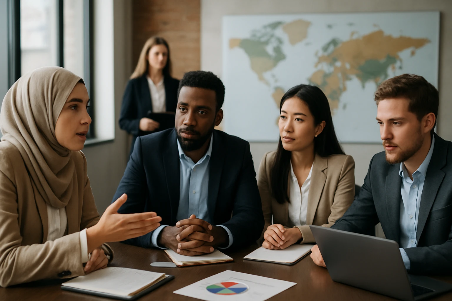 Négy felnőtt üzletember ül egy tárgyalóasztalnál, beszélgetnek.