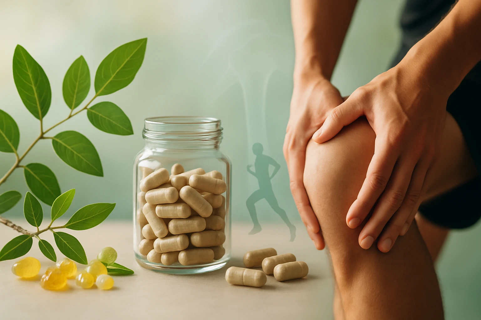Egy férfi kezével a térdét fogja, mellette étrend-kiegészítők üvegben és növények.