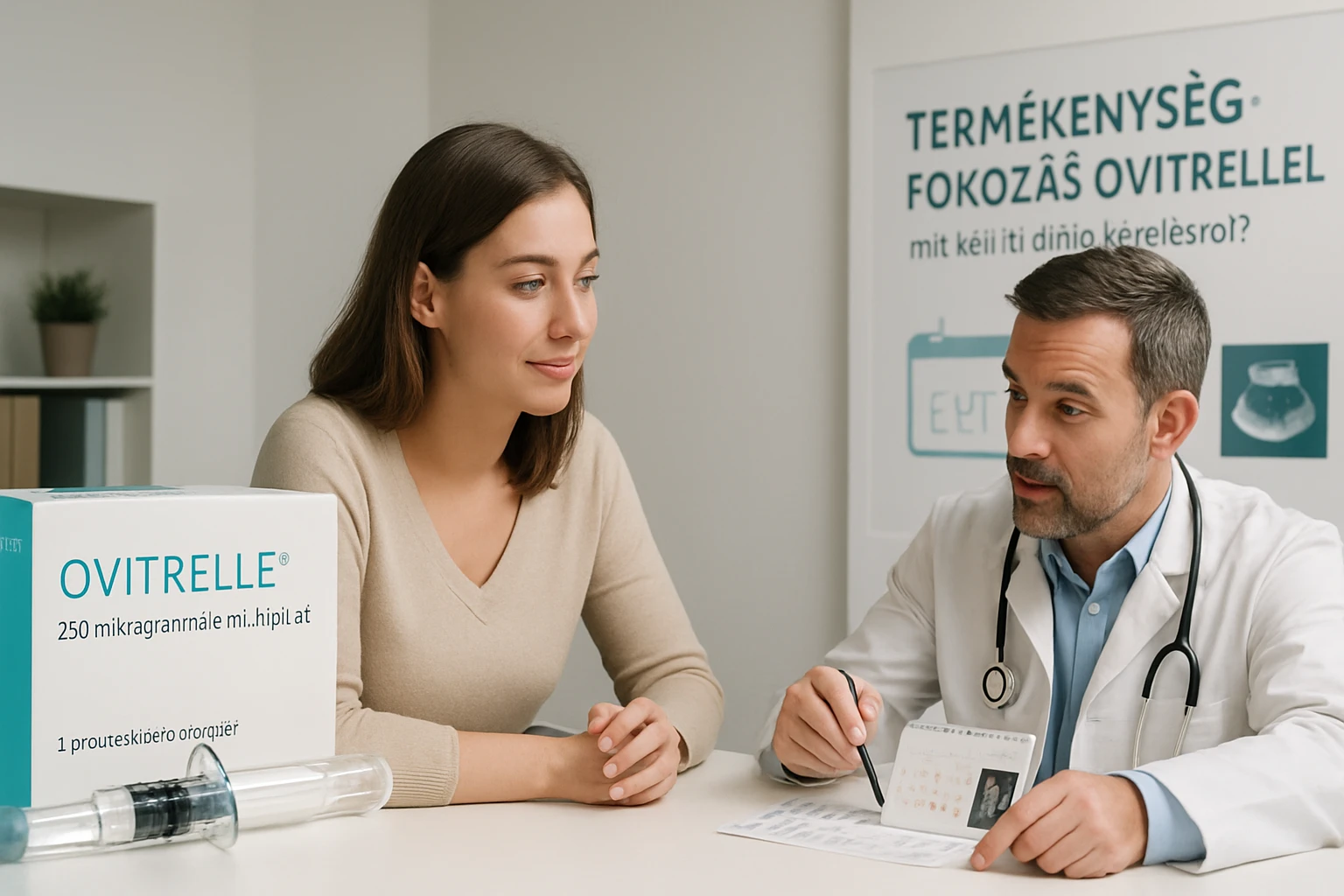 Egy orvos és egy nő beszélgetnek a termékenység fokozásáról, a háttérben az Ovittrelle doboza látható.